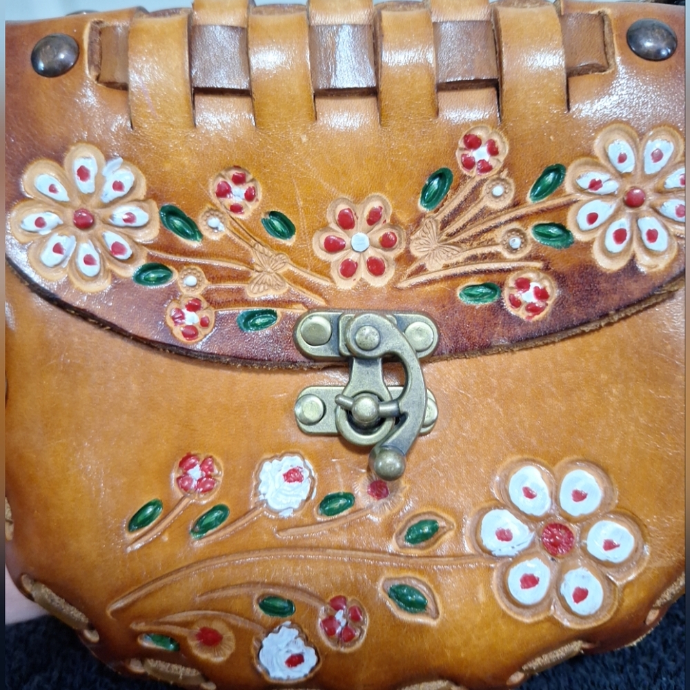 Handmade Mexico Leather Floral Tooled Woven Handpainted Crossbody Bag-Brown - Picture 3 of 7